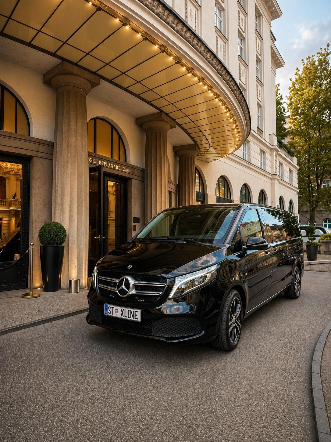 Black Mercedes-Benz V-Class private transfer waiting under the entrance canopy of the Esplanade hotel in Zagreb