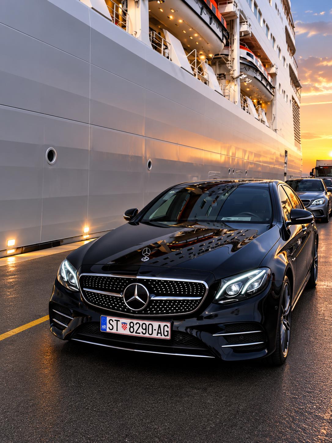 Black Mercedes-Benz E-Class executive saloon for private transfers in Split