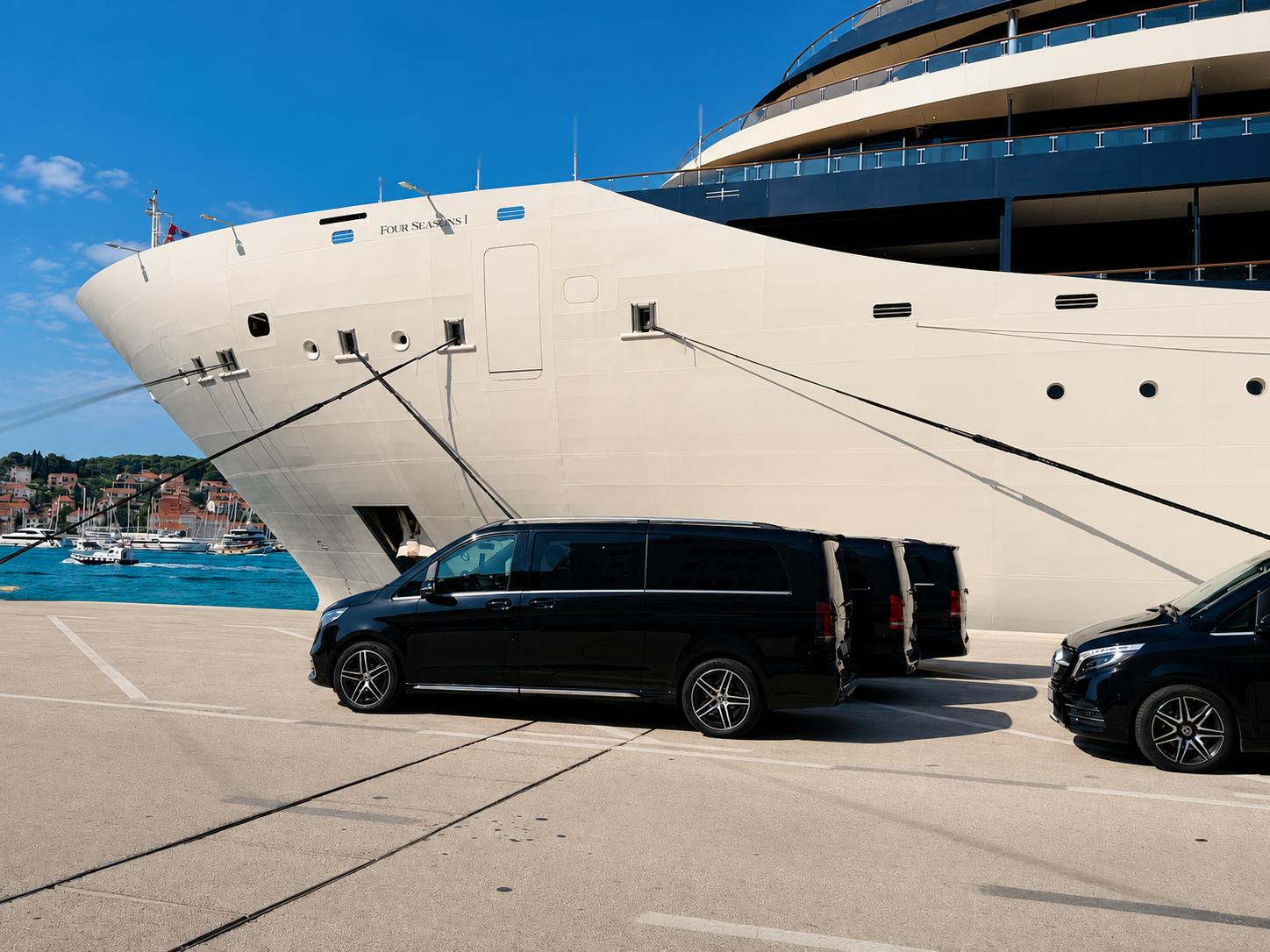 Mercedes-Benz V-Class yacht transfer vehicles beside a cruise ship on the Split waterfront