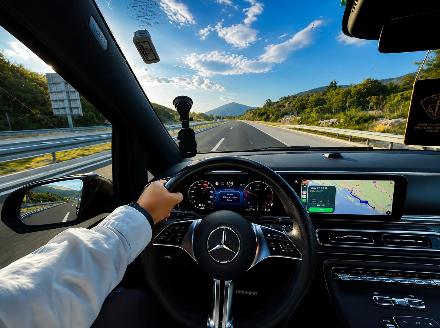 Private driver at the wheel of a Mercedes-Benz on the coastal motorway during a Split to Dubrovnik transfer